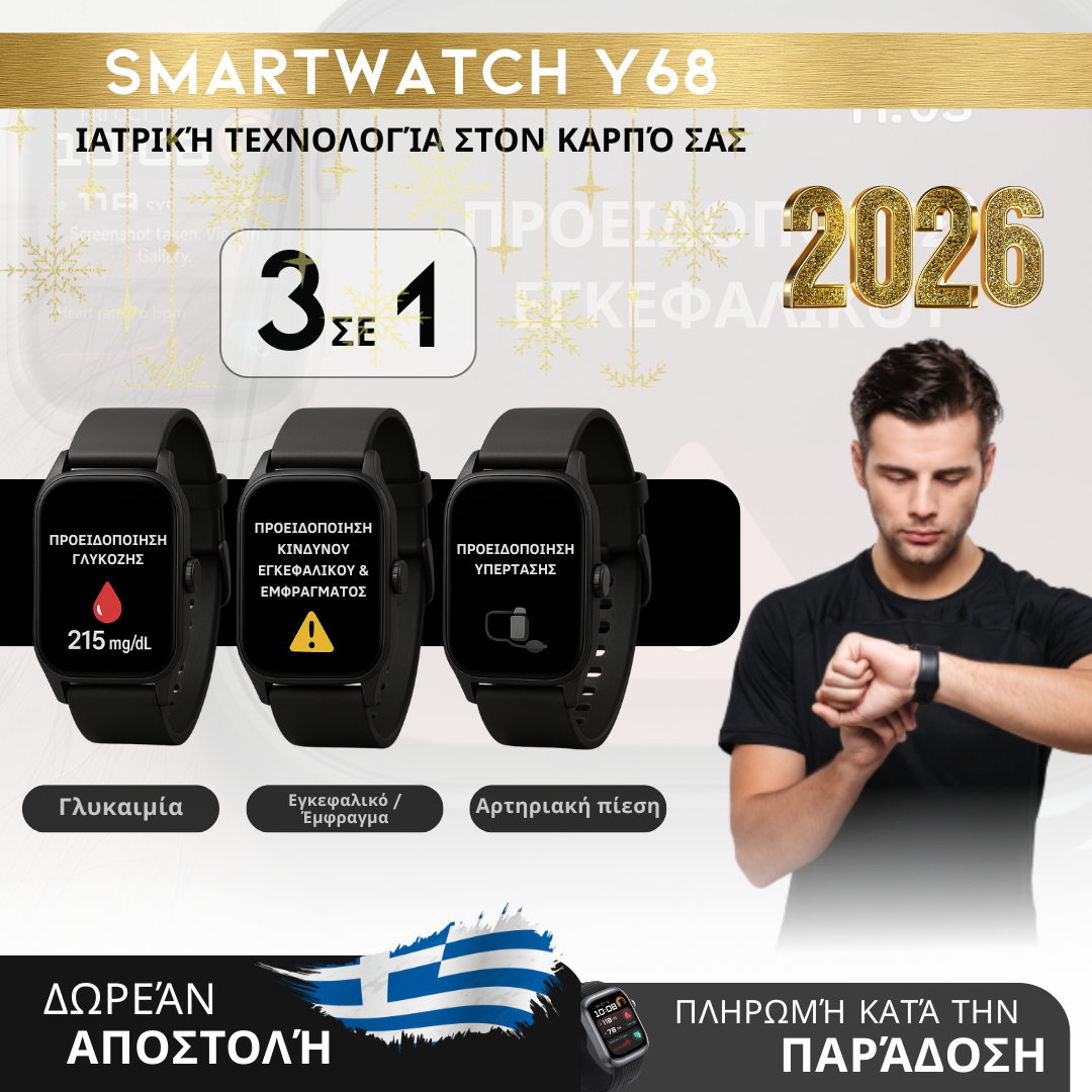 Πρωτοχρονιά: SmartWatch Y68 - Ιατρικός Παρακολουθητής 3 σε 1 (Γλυκόζη, Πίεση, Κίνδυνος Εγκεφαλικού) | Μενού στα Ελληνικά